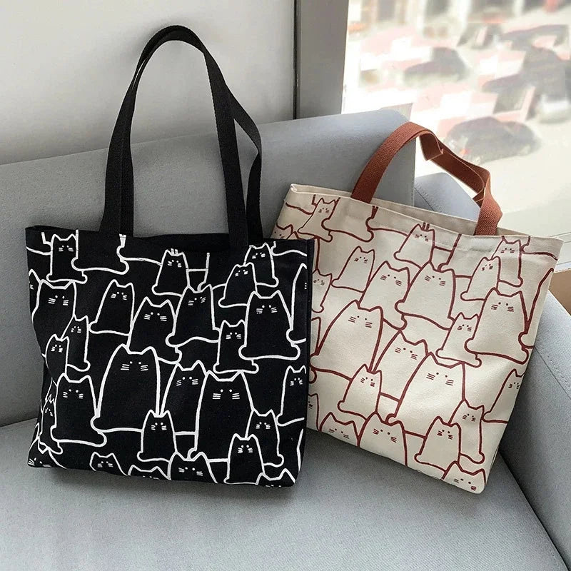 Cute Cat Shopper Handbags Shoulder Fashion Canvas Casual Shopping Girls Women Graphic Tote Bagjapanese Cartoon Small Shoulder