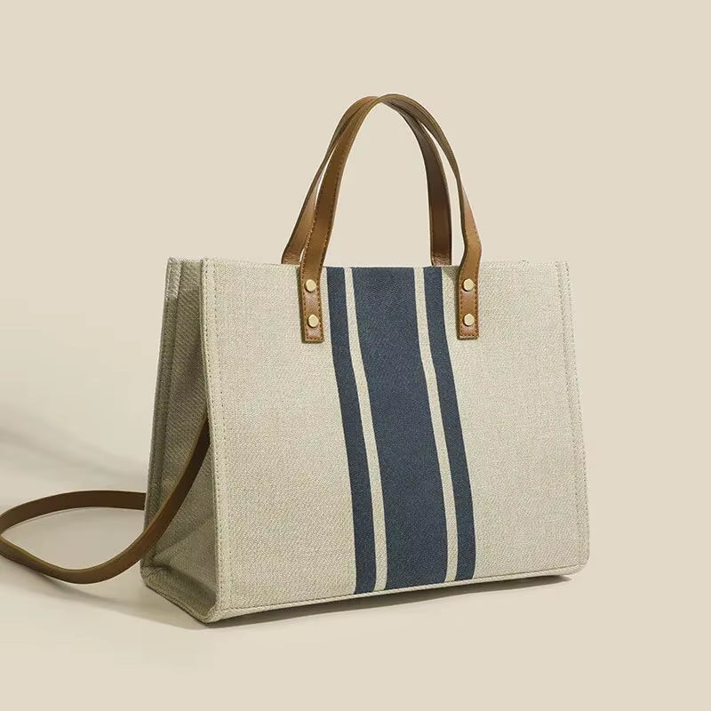 Simple Canvas Stripe Decor Bucket Handbags Women Top Handle Tote Bag Large Capacity Casual Shoulder Crossbody Bags