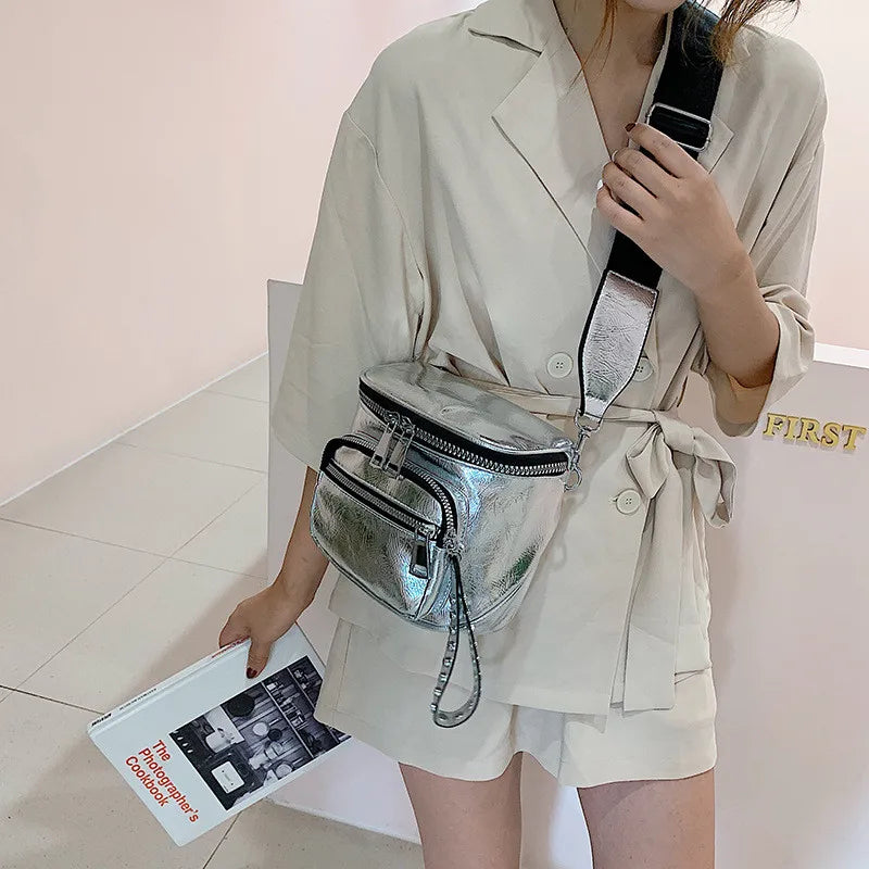 Glossy Wide Strap Women Shoulder Bag Designer Rivet Crossbody Bags for Female Handbags Silver Bolsas Feminina Black