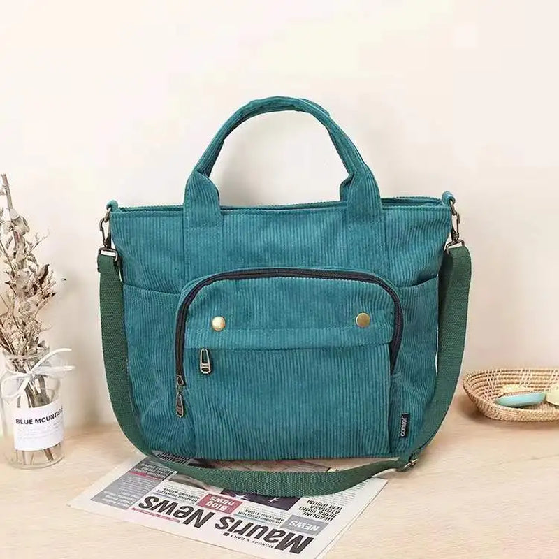 Corduroy Shoulder Bag Women Vintage Shopping Bags Zipper Girls Student Bookbag Handbags Casual Tote with outside Pocket