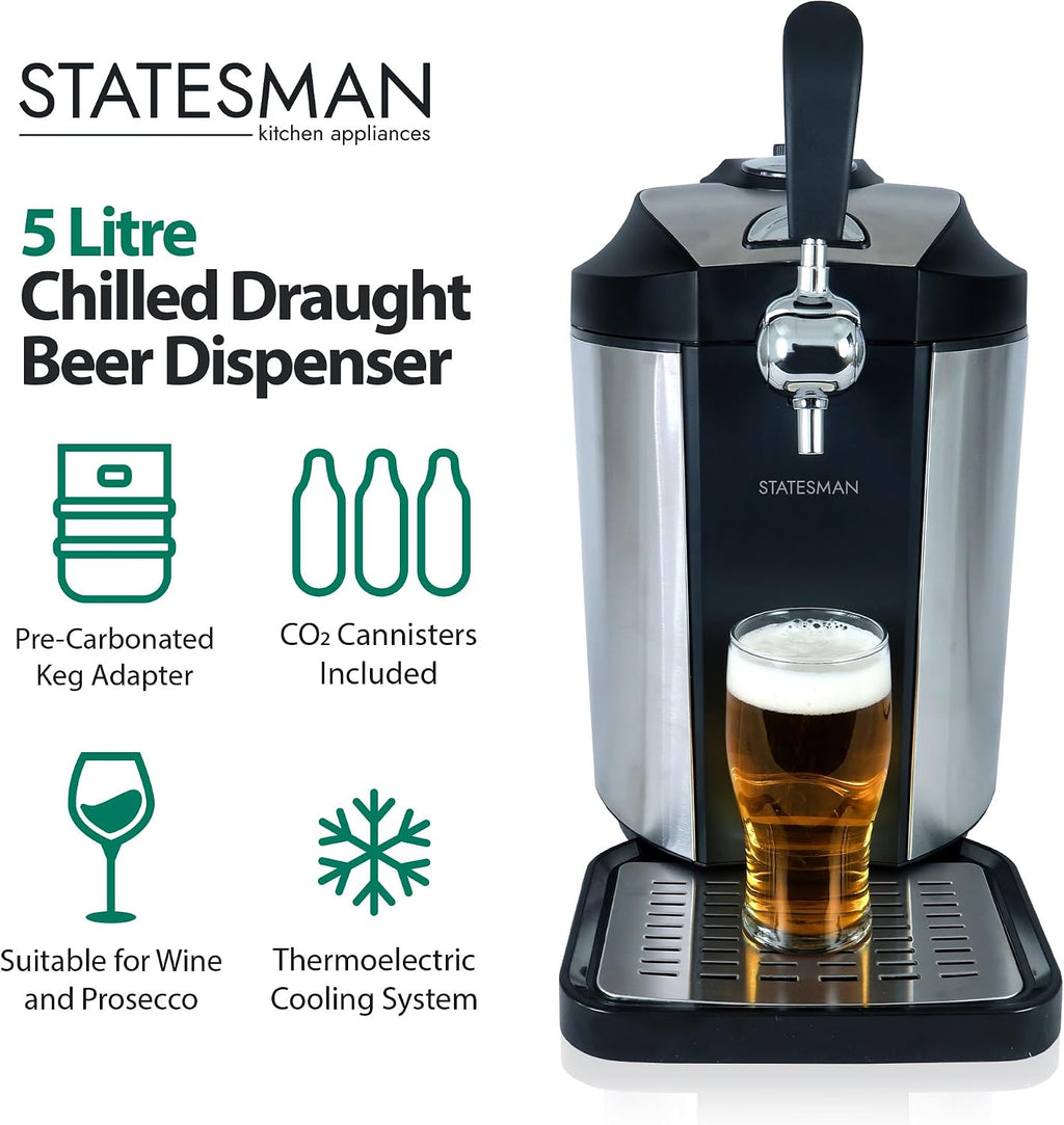 SKBD500SS Beer Dispenser Tap for 5 Litre Kegs, Draught Pump with Integrated Cooler for Beer Ale Cider & Lager, Perfect for Kitchens & Home Bars, Stainless Steel