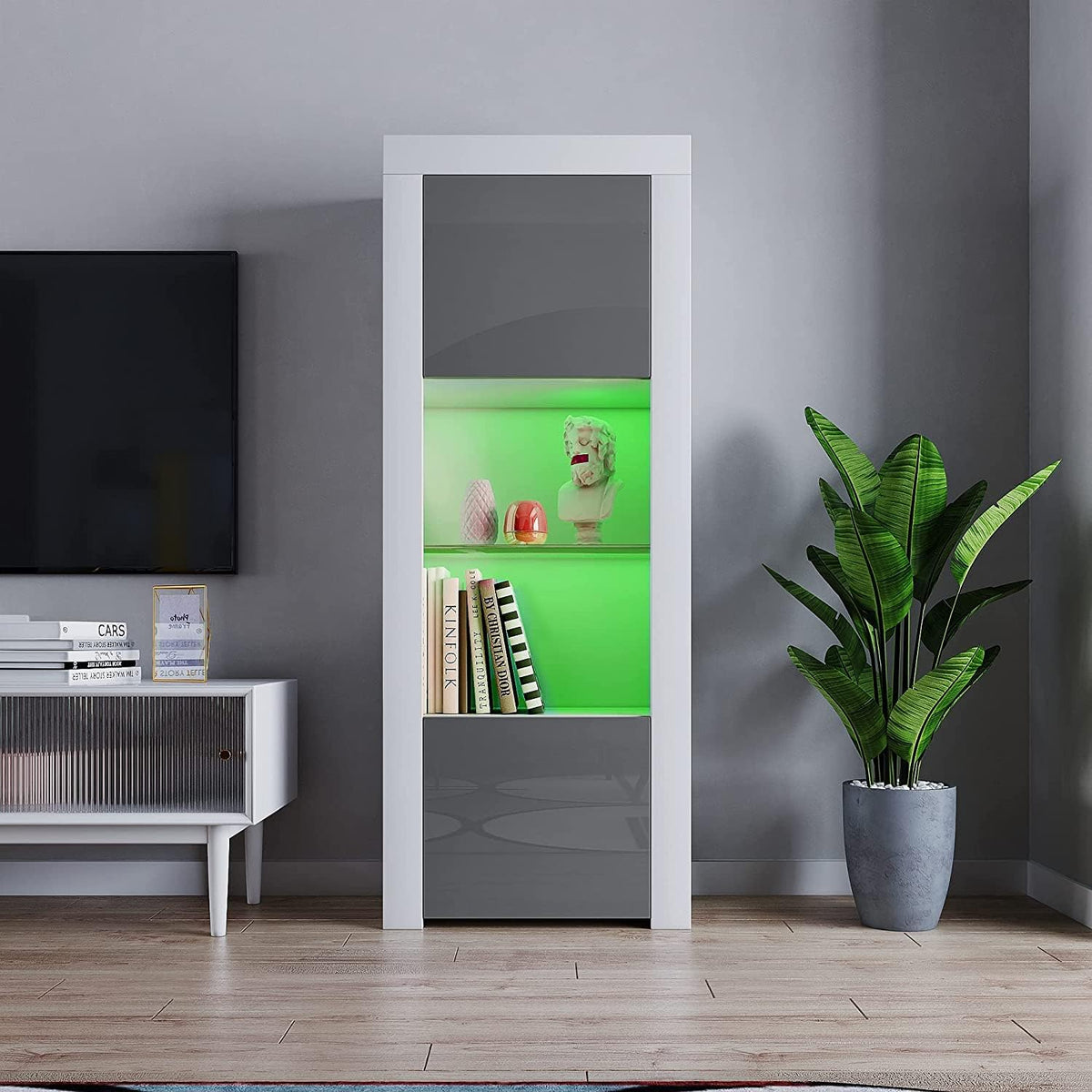 2 Door LED Tall Display Sideboards Matt Body & High Gloss Fronts Storage Cabinet with Glass Shelf for Living Dining Room W 62 X D 35 X H 160Cm (Grey with White)