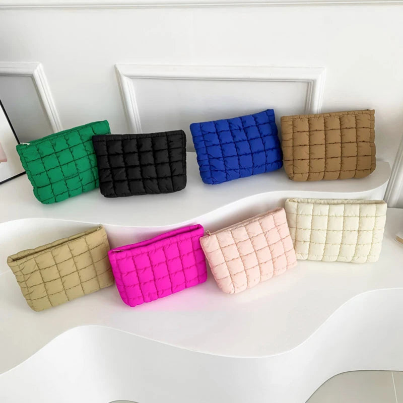 Women Cosmetic Pouch Cotton Padded Quilted Makeup Pouch Large Capacity Makeup Organizer Tote Bag Solid Color Cosmetic Handbags