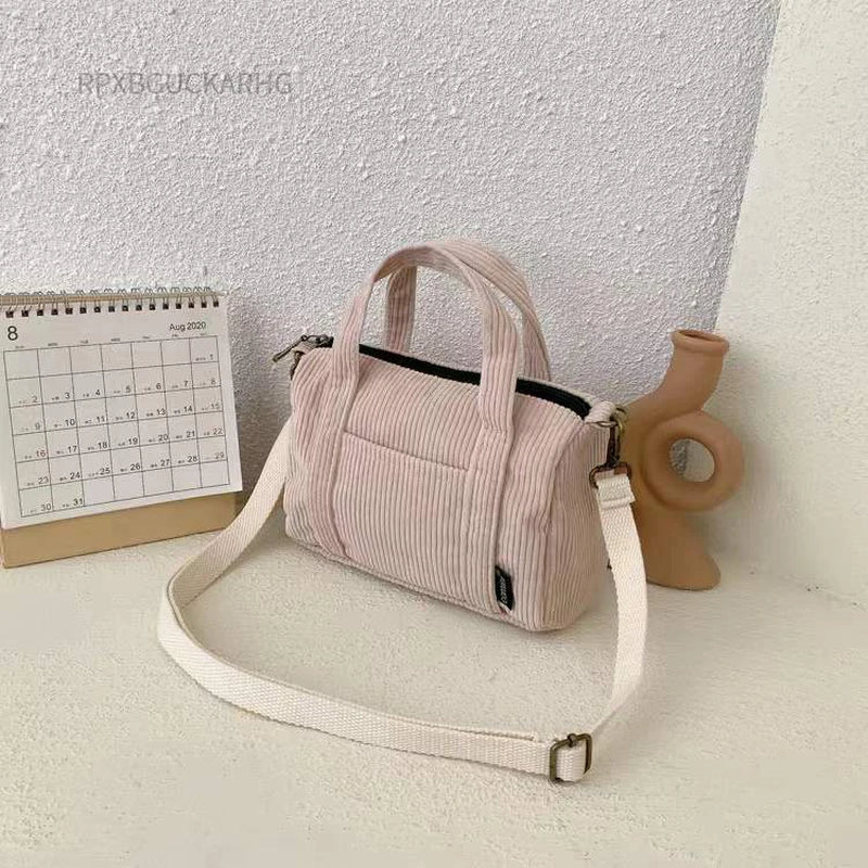 Corduroy Shoulder Bag Women Vintage Shopping Bags Zipper Girls Student Bookbag Handbags Casual Tote with outside Pocket