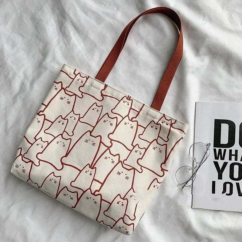 Cute Cat Shopper Handbags Shoulder Fashion Canvas Casual Shopping Girls Women Graphic Tote Bagjapanese Cartoon Small Shoulder