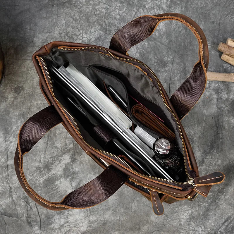 High Fashion Crazy Horse Luxury Men Leather Handbags Men'S Laptop Handbag Briefcase Shoulder Bag with Notebook Compartment