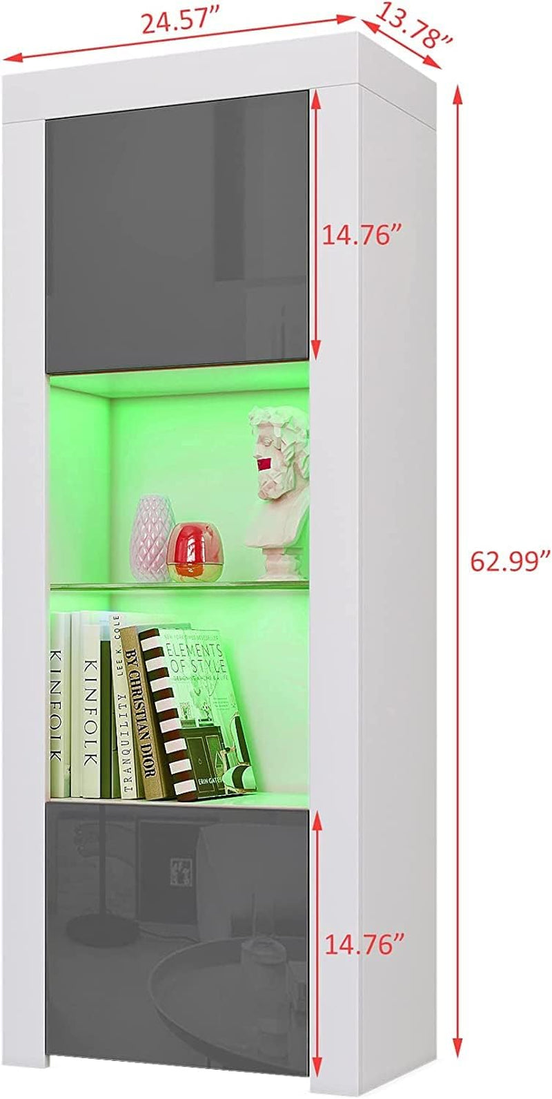 2 Door LED Tall Display Sideboards Matt Body & High Gloss Fronts Storage Cabinet with Glass Shelf for Living Dining Room W 62 X D 35 X H 160Cm (Grey with White)