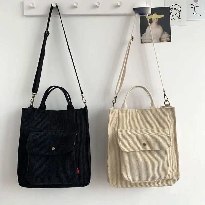 Corduroy Shoulder Bag Women Vintage Shopping Bags Zipper Girls Student Bookbag Handbags Casual Tote with outside Pocket