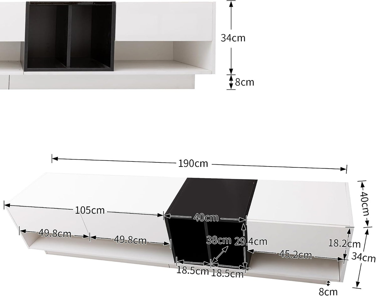 High Gloss TV Stand Cabinet with 3 Drawers and 2 Open Compartments, Multiple Storage Spaces, Stylish TV Units for Living Room, Color-Blocking Design, White and Black, 190X40X42Cm