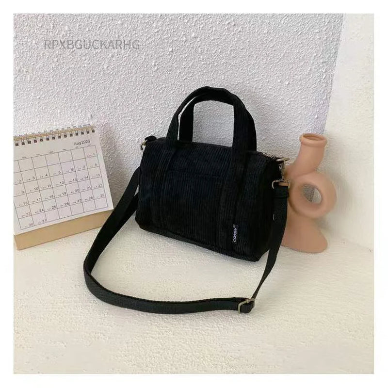 Corduroy Shoulder Bag Women Vintage Shopping Bags Zipper Girls Student Bookbag Handbags Casual Tote with outside Pocket