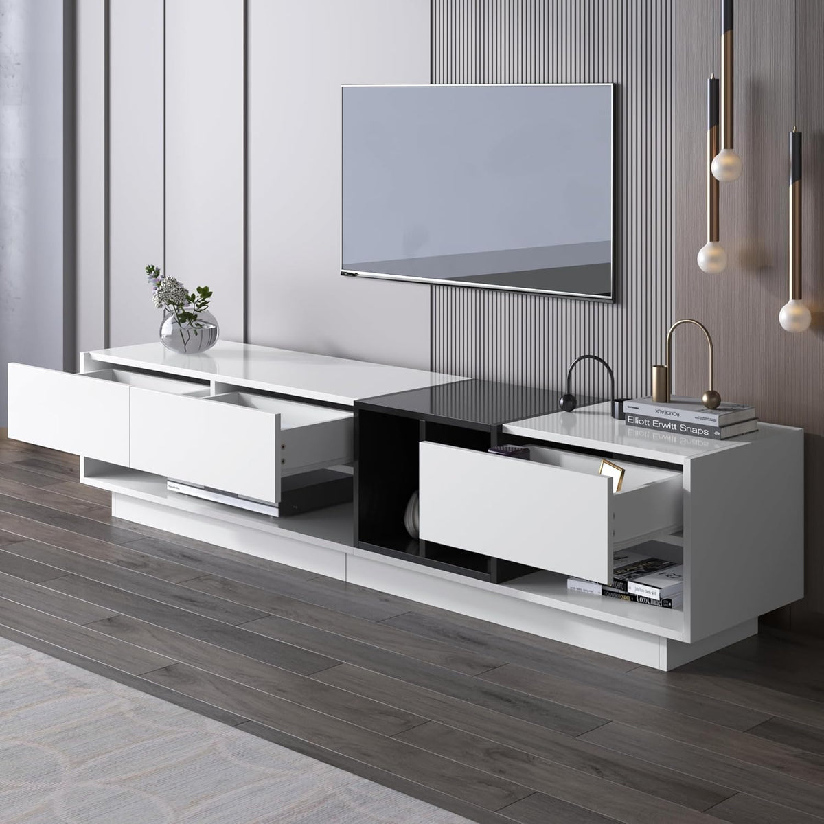 High Gloss TV Stand Cabinet with 3 Drawers and 2 Open Compartments, Multiple Storage Spaces, Stylish TV Units for Living Room, Color-Blocking Design, White and Black, 190X40X42Cm