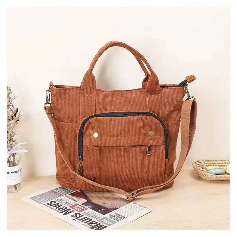 Corduroy Shoulder Bag Women Vintage Shopping Bags Zipper Girls Student Bookbag Handbags Casual Tote with outside Pocket