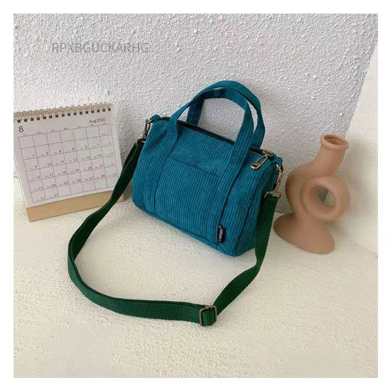 Corduroy Shoulder Bag Women Vintage Shopping Bags Zipper Girls Student Bookbag Handbags Casual Tote with outside Pocket