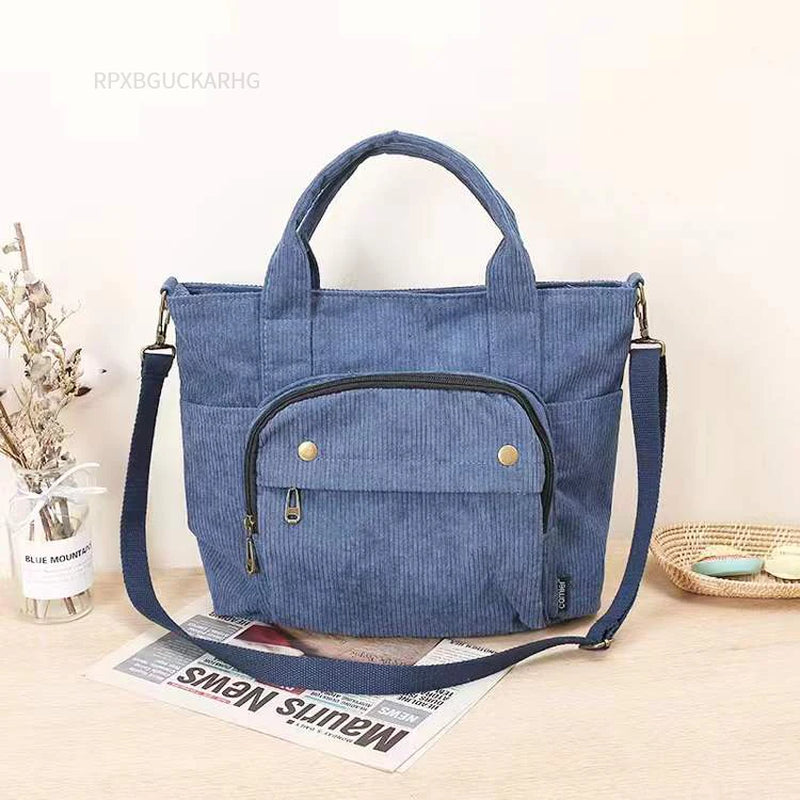 Corduroy Shoulder Bag Women Vintage Shopping Bags Zipper Girls Student Bookbag Handbags Casual Tote with outside Pocket