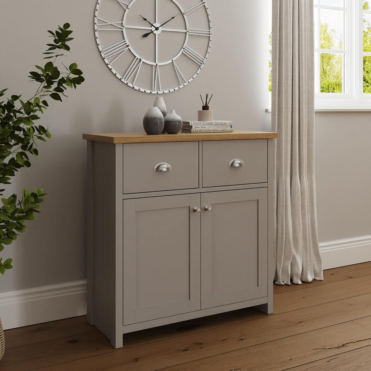 Lancaster Compact Sideboard with 2 Drawers & Double Door Cupboard, Grey & Oak Effect Storage Cabinet for Living Room, Dining Room or Hallway