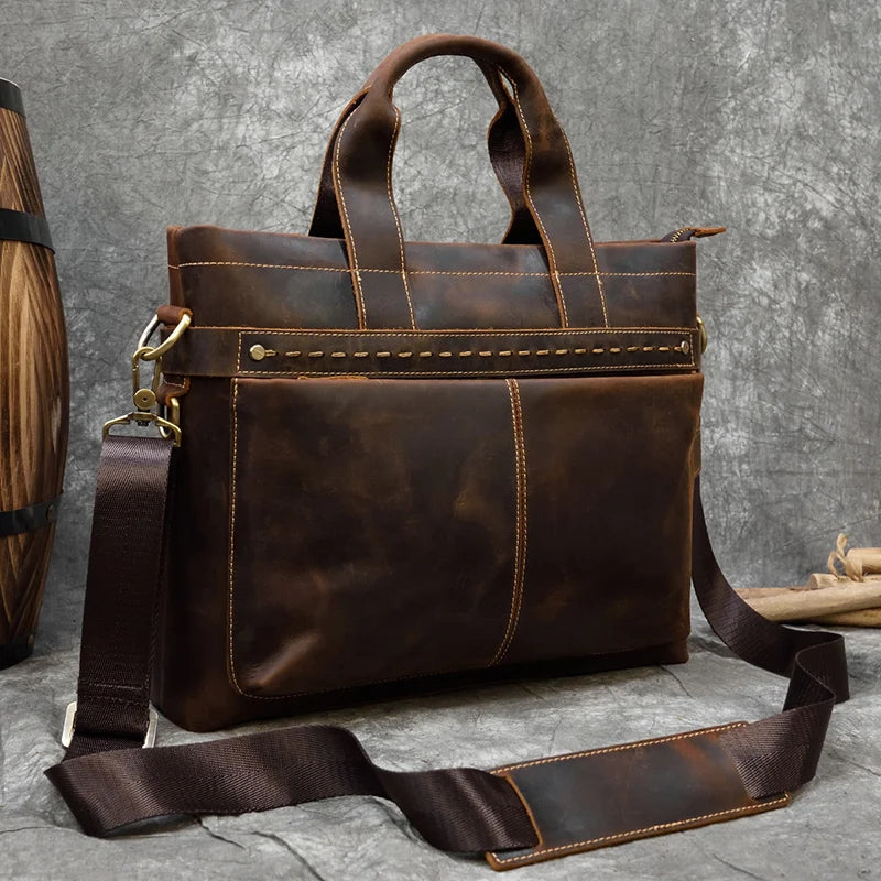High Fashion Crazy Horse Luxury Men Leather Handbags Men'S Laptop Handbag Briefcase Shoulder Bag with Notebook Compartment