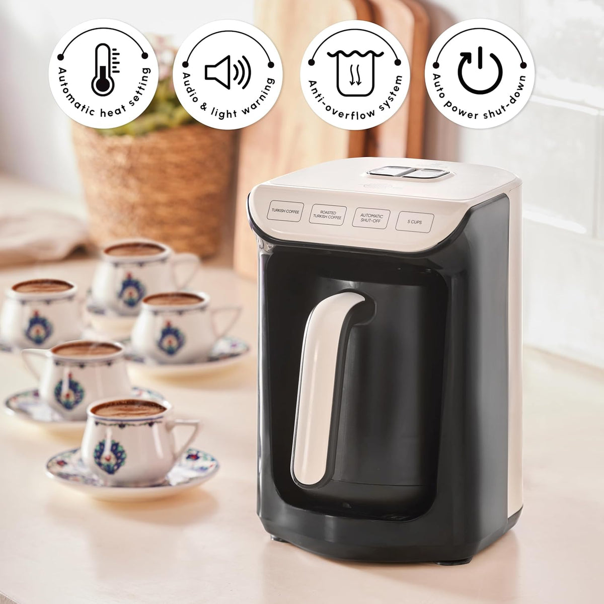 Hatır Köz Turkish Coffee Machine for 5 People, 535W, Fully Automatic, Simple & Traditional Turkish Coffee Maker, Cream