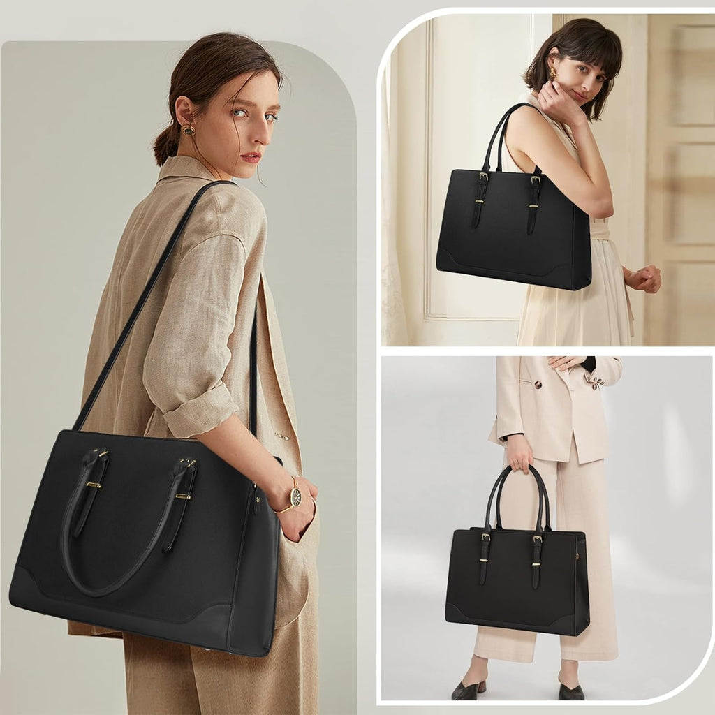 Laptop Bags for Women 15.6 Inch Tote Bag Large Leather Ladies Handbags Shoulder Bags Designer Women'S Totes for Work School Business Black