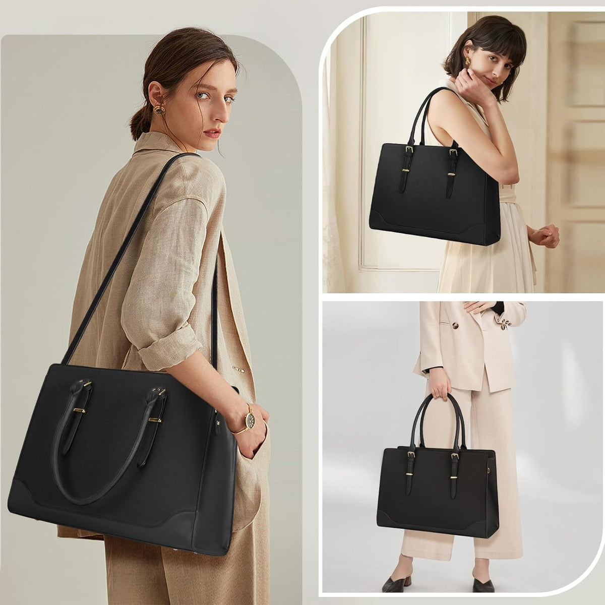 Laptop Bags for Women 15.6 Inch Tote Bag Large Leather Ladies Handbags Shoulder Bags Designer Women'S Totes for Work School Business Black