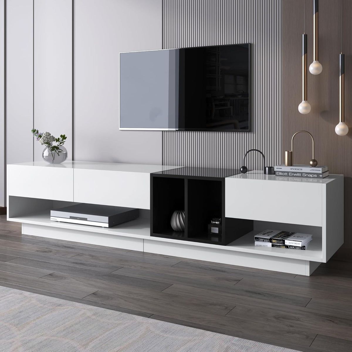 High Gloss TV Stand Cabinet with 3 Drawers and 2 Open Compartments, Multiple Storage Spaces, Stylish TV Units for Living Room, Color-Blocking Design, White and Black, 190X40X42Cm