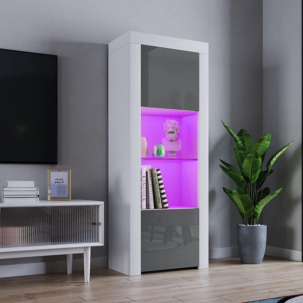 2 Door LED Tall Display Sideboards Matt Body & High Gloss Fronts Storage Cabinet with Glass Shelf for Living Dining Room W 62 X D 35 X H 160Cm (Grey with White)