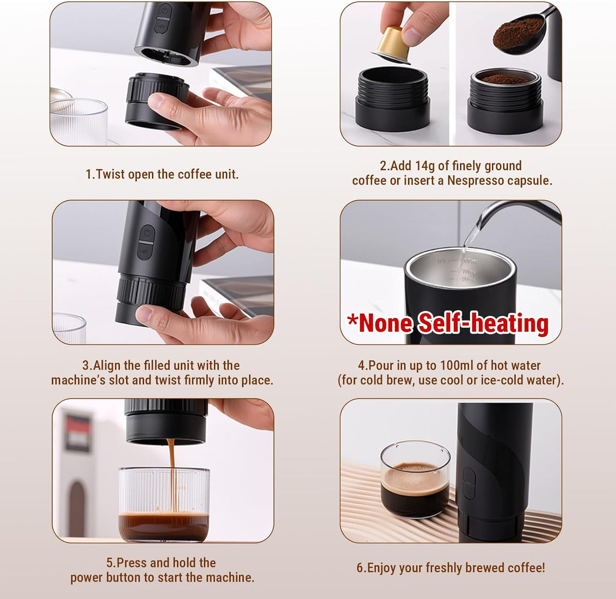 2 in 1 Portable Electric Coffee Maker None Self-Heating, 20-Bar Portable Espresso Maker Rechargable, Travel Coffee Maker for Car, Camping, Office, Compatible with Coffee Powder and Nespresso Capsule