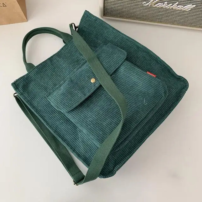 Corduroy Shoulder Bag Women Vintage Shopping Bags Zipper Girls Student Bookbag Handbags Casual Tote with outside Pocket