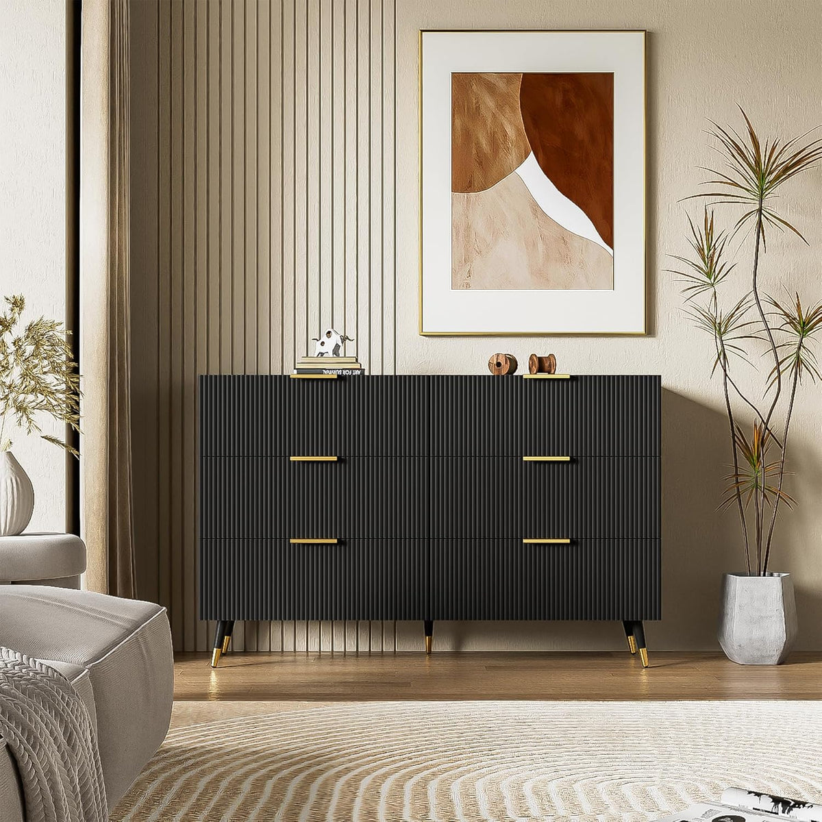 Chest of Drawers Bedroom with Elegant Golden Handles, Ample Storage Space, Stylish and Functional Sideboards for Living Room, Contemporary Storage Cabinet with Sleek Modern Design, Black