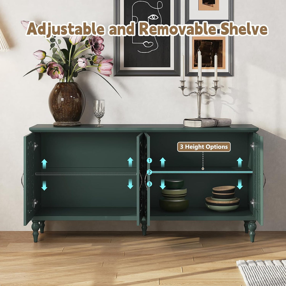 Sideboard Storage Cabinet with 4 Doors, Vintage Hollow Floral Carving Accent Cabinet, Green Wooden Buffet Storage Sideboards for Living Room, Dining Room, Hallway
