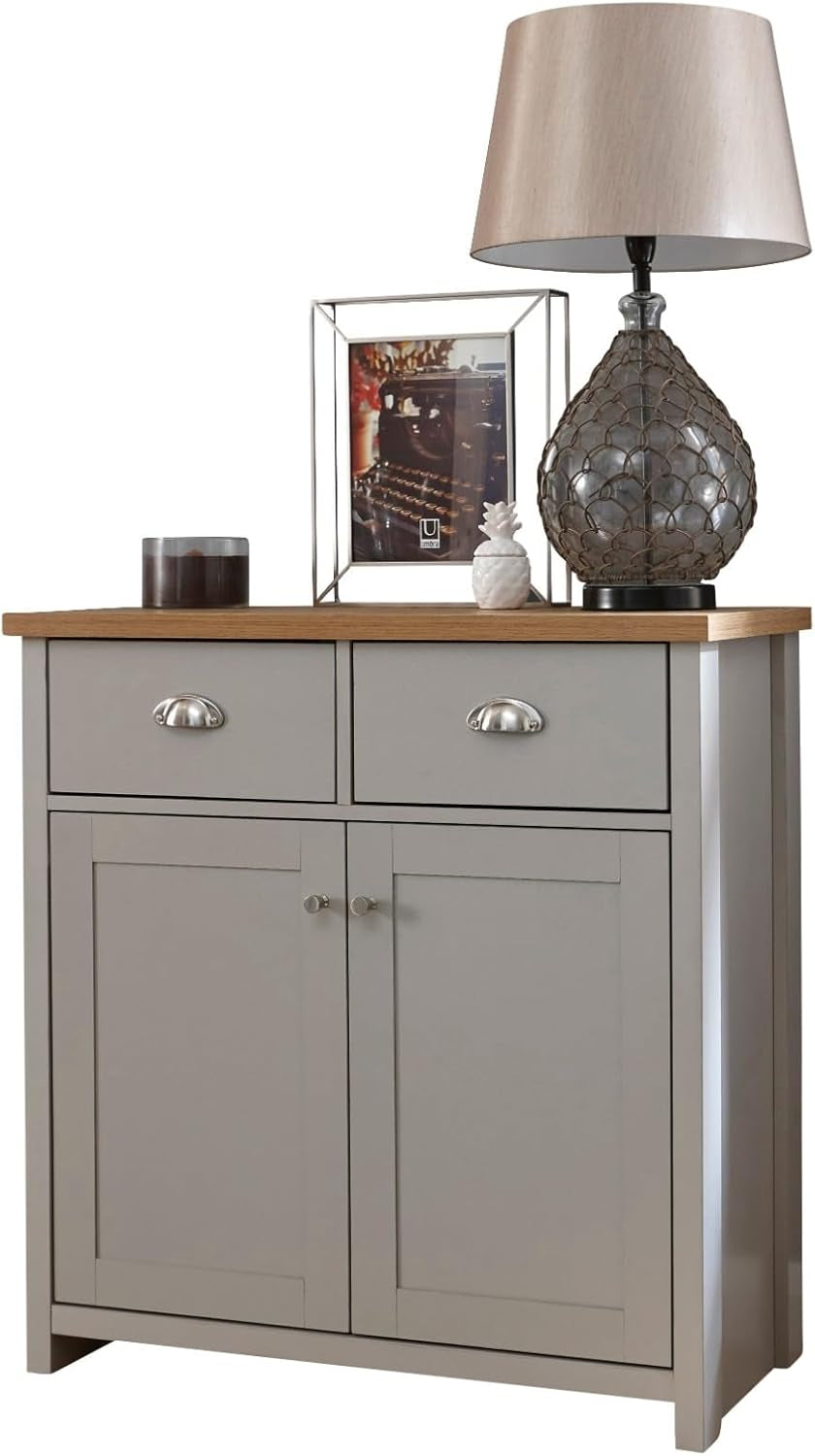 Lancaster Compact Sideboard with 2 Drawers & Double Door Cupboard, Grey & Oak Effect Storage Cabinet for Living Room, Dining Room or Hallway