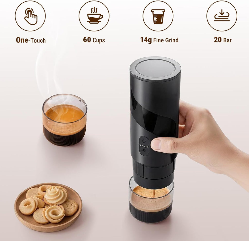 2 in 1 Portable Electric Coffee Maker None Self-Heating, 20-Bar Portable Espresso Maker Rechargable, Travel Coffee Maker for Car, Camping, Office, Compatible with Coffee Powder and Nespresso Capsule