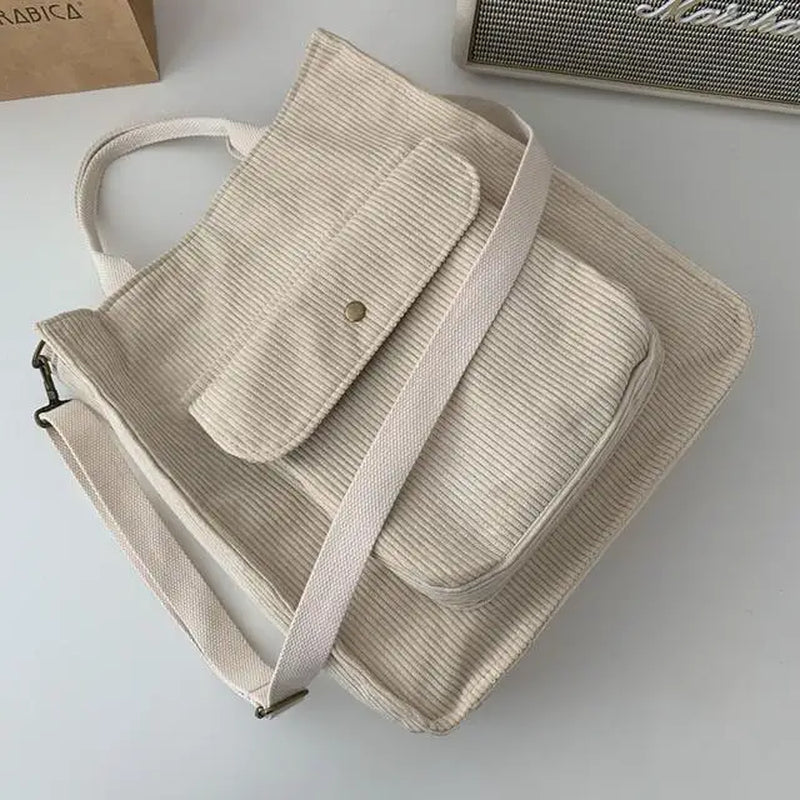 Corduroy Shoulder Bag Women Vintage Shopping Bags Zipper Girls Student Bookbag Handbags Casual Tote with outside Pocket