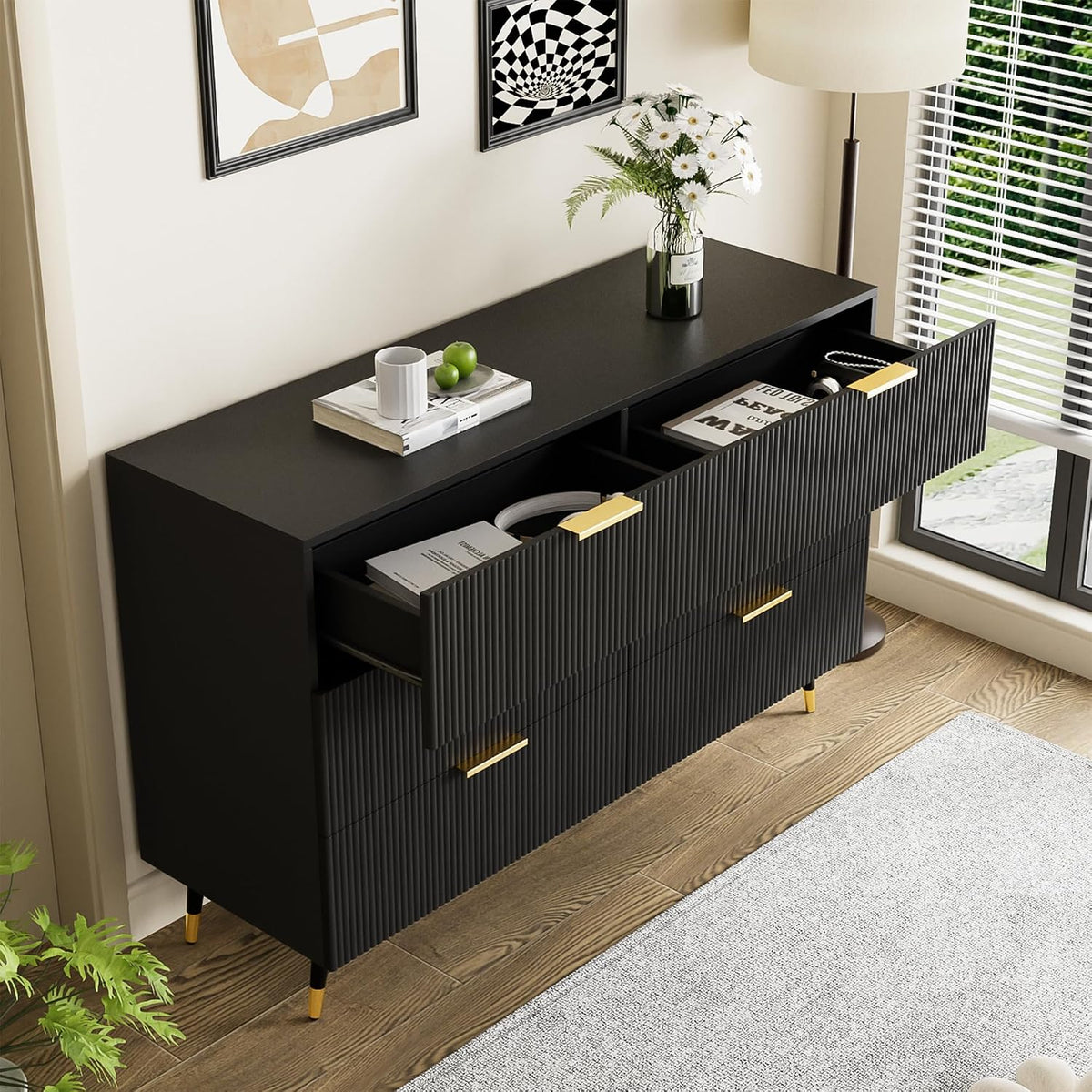 Chest of Drawers Bedroom with Elegant Golden Handles, Ample Storage Space, Stylish and Functional Sideboards for Living Room, Contemporary Storage Cabinet with Sleek Modern Design, Black