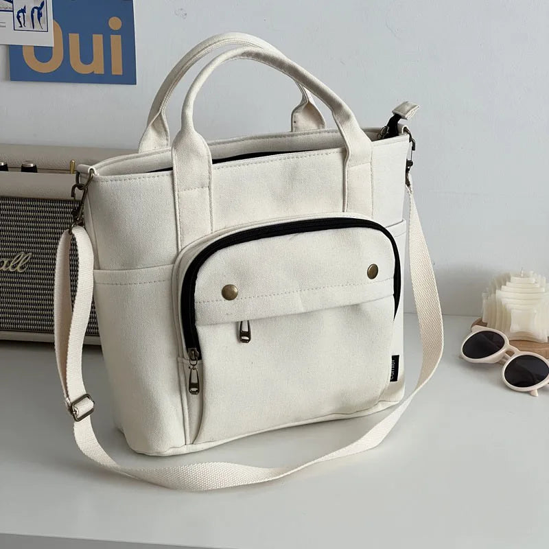 Corduroy Shoulder Bag Women Vintage Shopping Bags Zipper Girls Student Bookbag Handbags Casual Tote with outside Pocket