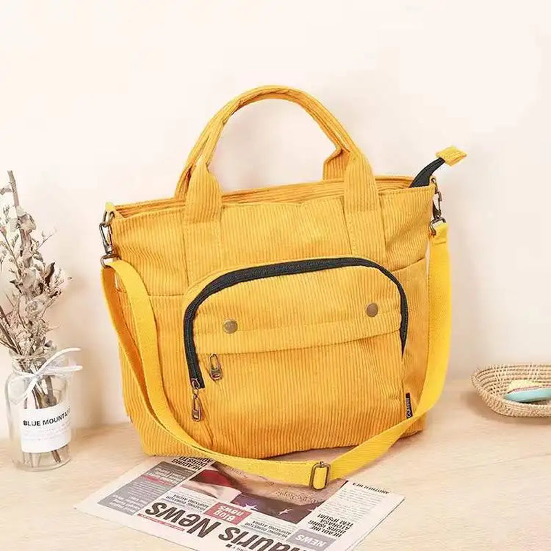 Corduroy Shoulder Bag Women Vintage Shopping Bags Zipper Girls Student Bookbag Handbags Casual Tote with outside Pocket