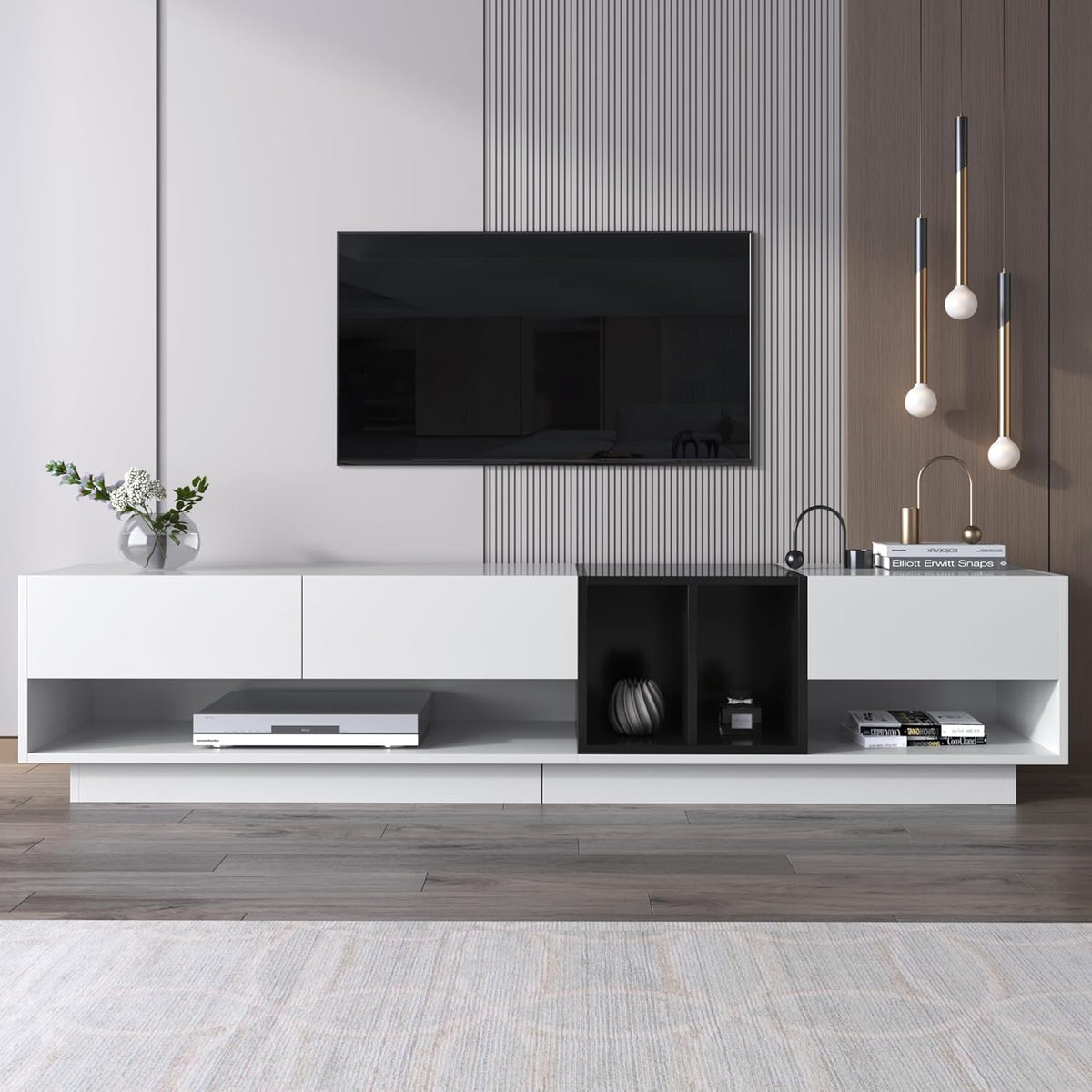 High Gloss TV Stand Cabinet with 3 Drawers and 2 Open Compartments, Multiple Storage Spaces, Stylish TV Units for Living Room, Color-Blocking Design, White and Black, 190X40X42Cm