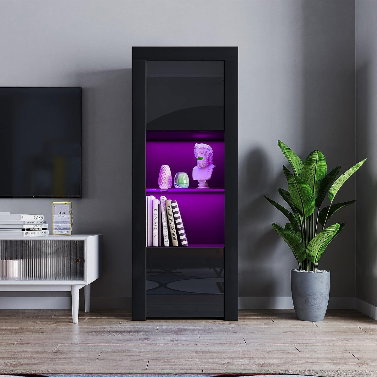 2 Door LED Tall Display Sideboards Matt Body & High Gloss Fronts Storage Cabinet with Glass Shelf for Living Dining Room W 62 X D 35 X H 160Cm (All Black)