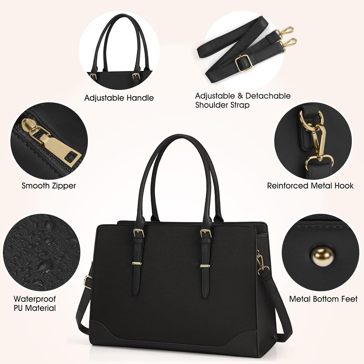 Laptop Bags for Women 15.6 Inch Tote Bag Large Leather Ladies Handbags Shoulder Bags Designer Women'S Totes for Work School Business Black