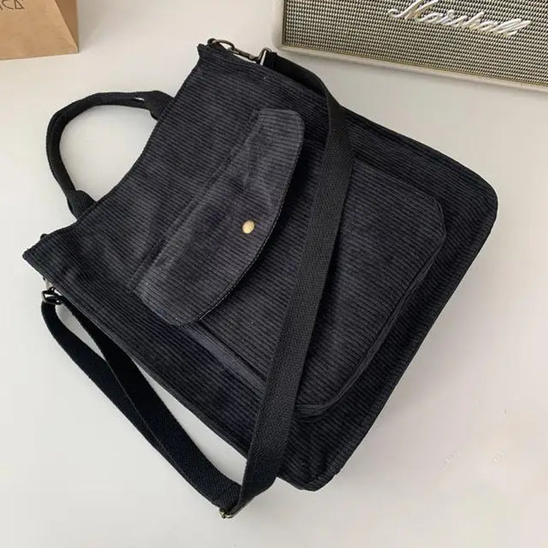 Corduroy Shoulder Bag Women Vintage Shopping Bags Zipper Girls Student Bookbag Handbags Casual Tote with outside Pocket
