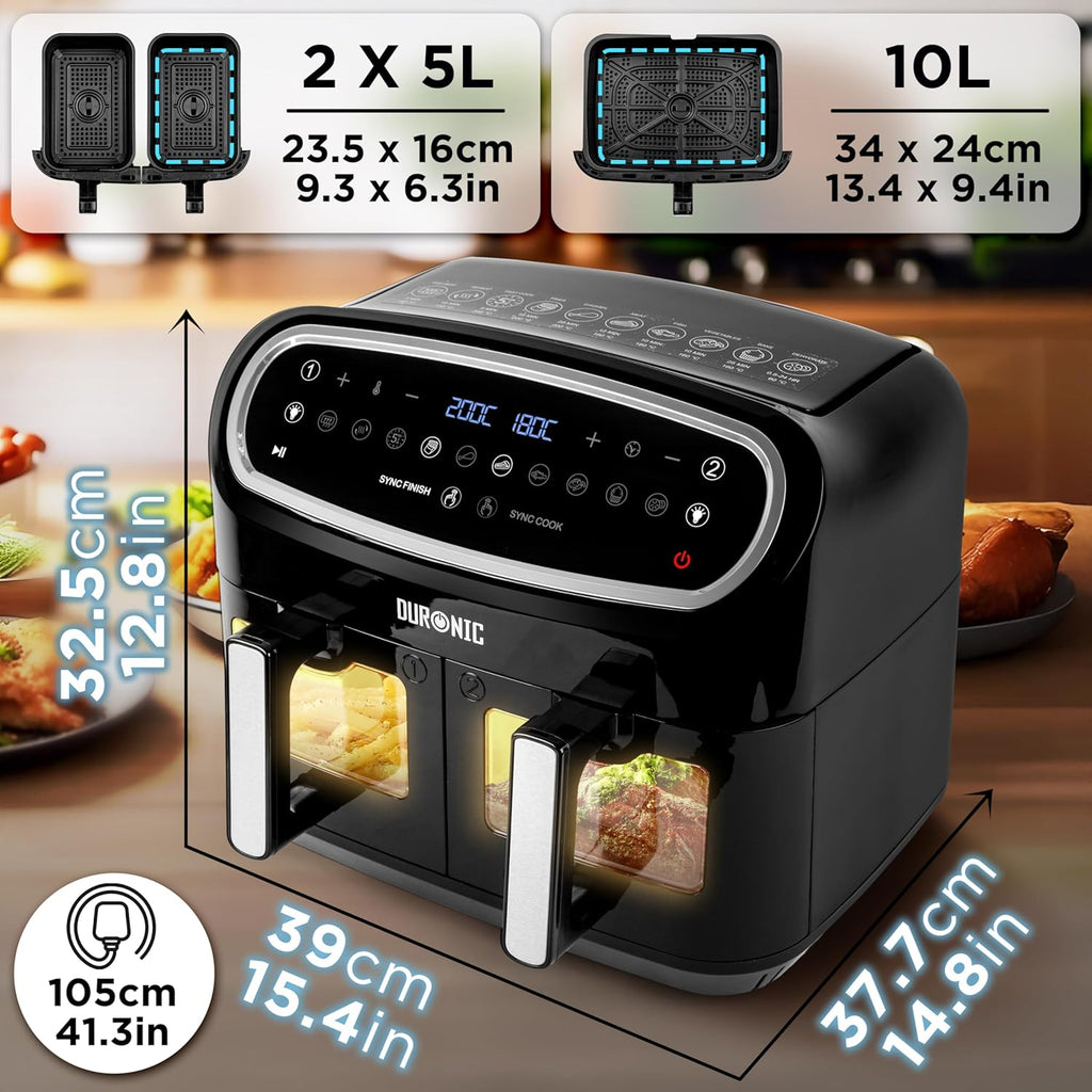 XXL Air Fryer AF34 BK 10L Digital Family Size Air Fryers Oil Free Triple Drawers 10In1 Dual Zone Extra Large Airfryer for Family Cooking with Dishwasher Safe Non-Stick Baskets Black