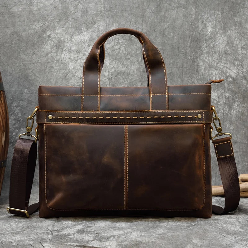 High Fashion Crazy Horse Luxury Men Leather Handbags Men'S Laptop Handbag Briefcase Shoulder Bag with Notebook Compartment