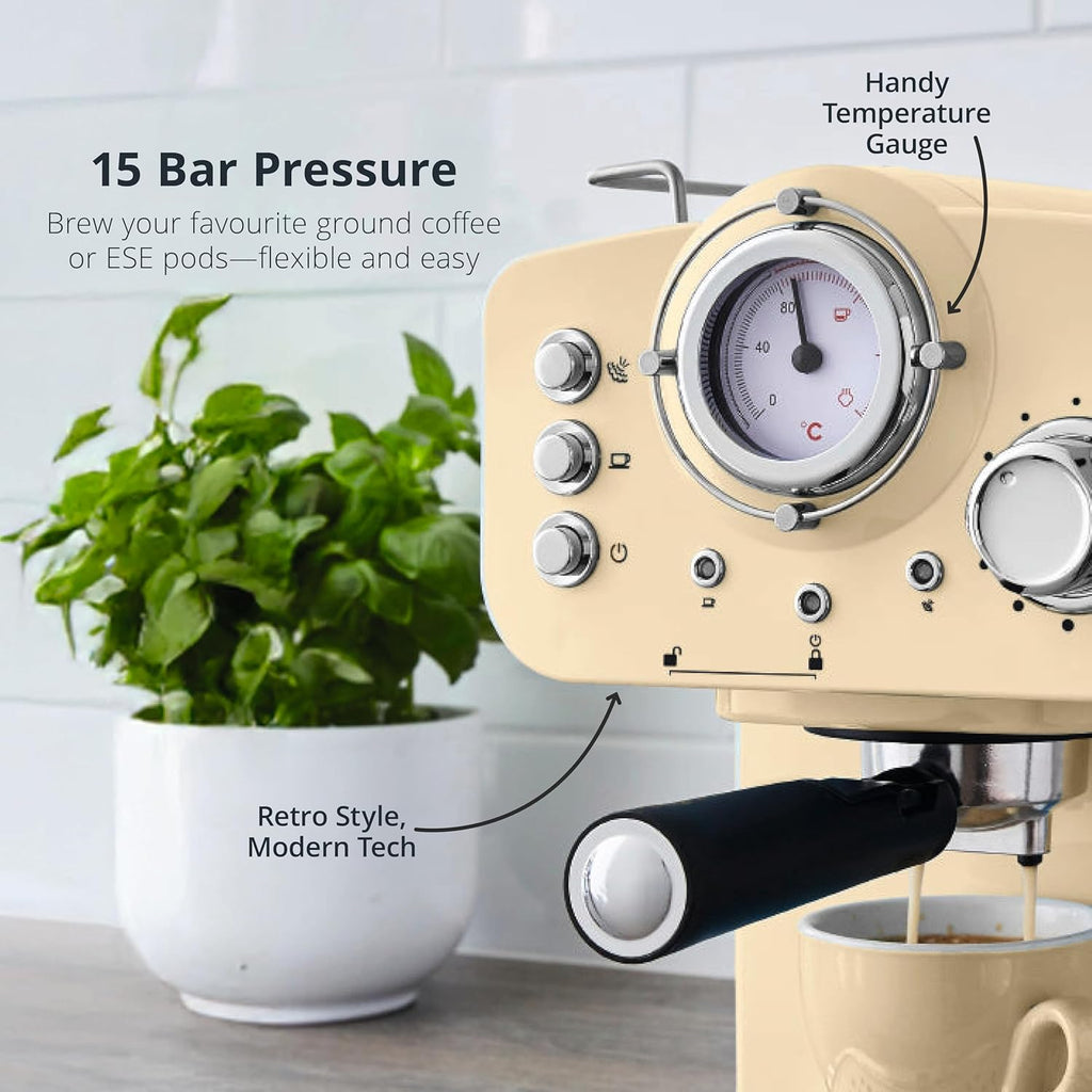 SK22110CN Retro Espresso Coffee Machine with Milk Frother, Steam Pressure Control, 1.2L Detachable Water Tank, 1100W, Retro Cream