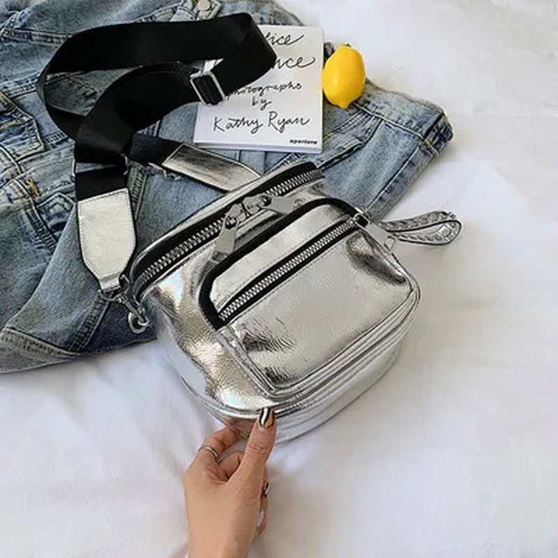 Glossy Wide Strap Women Shoulder Bag Designer Rivet Crossbody Bags for Female Handbags Silver Bolsas Feminina Black