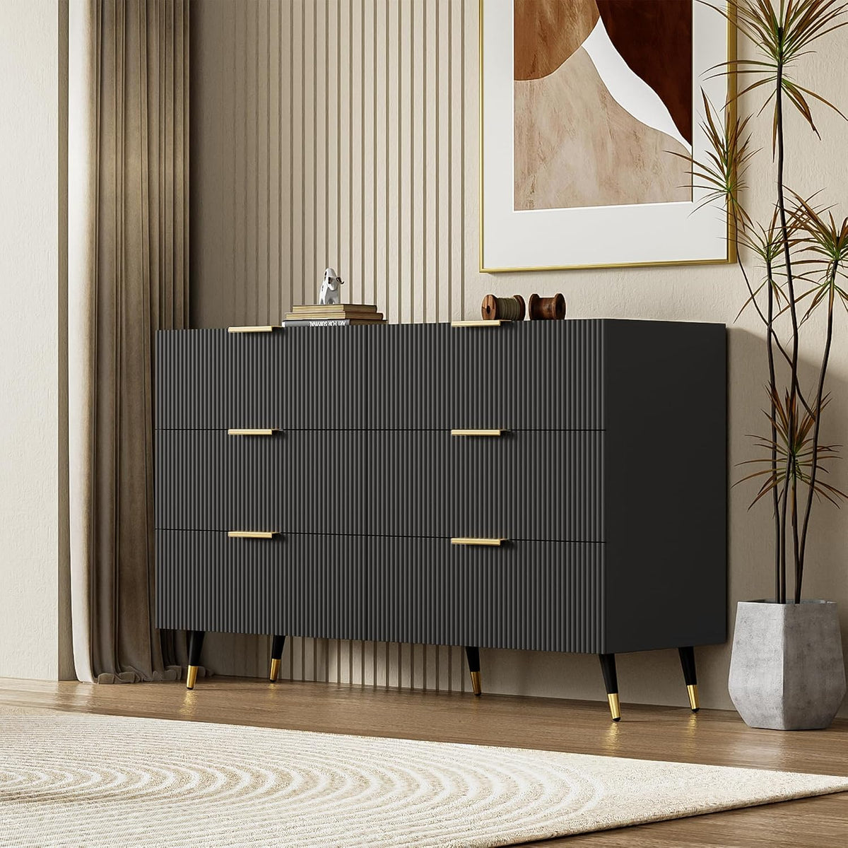 Chest of Drawers Bedroom with Elegant Golden Handles, Ample Storage Space, Stylish and Functional Sideboards for Living Room, Contemporary Storage Cabinet with Sleek Modern Design, Black