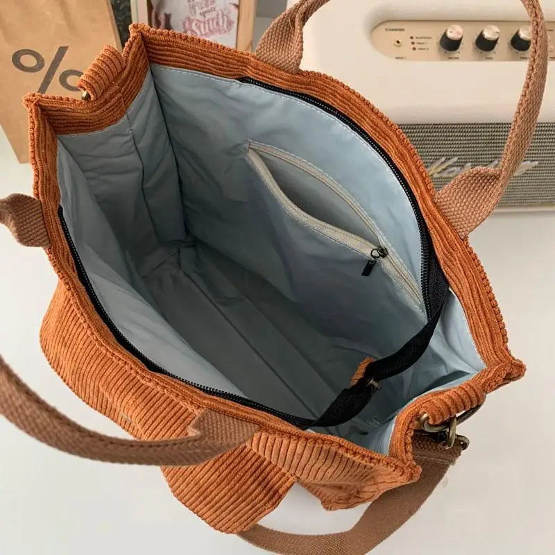 Corduroy Shoulder Bag Women Vintage Shopping Bags Zipper Girls Student Bookbag Handbags Casual Tote with outside Pocket