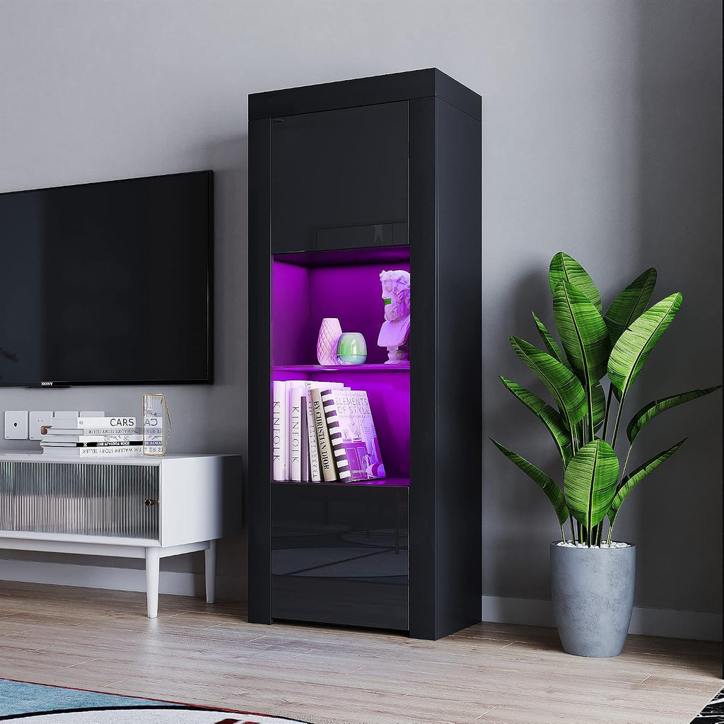 2 Door LED Tall Display Sideboards Matt Body & High Gloss Fronts Storage Cabinet with Glass Shelf for Living Dining Room W 62 X D 35 X H 160Cm (All Black)