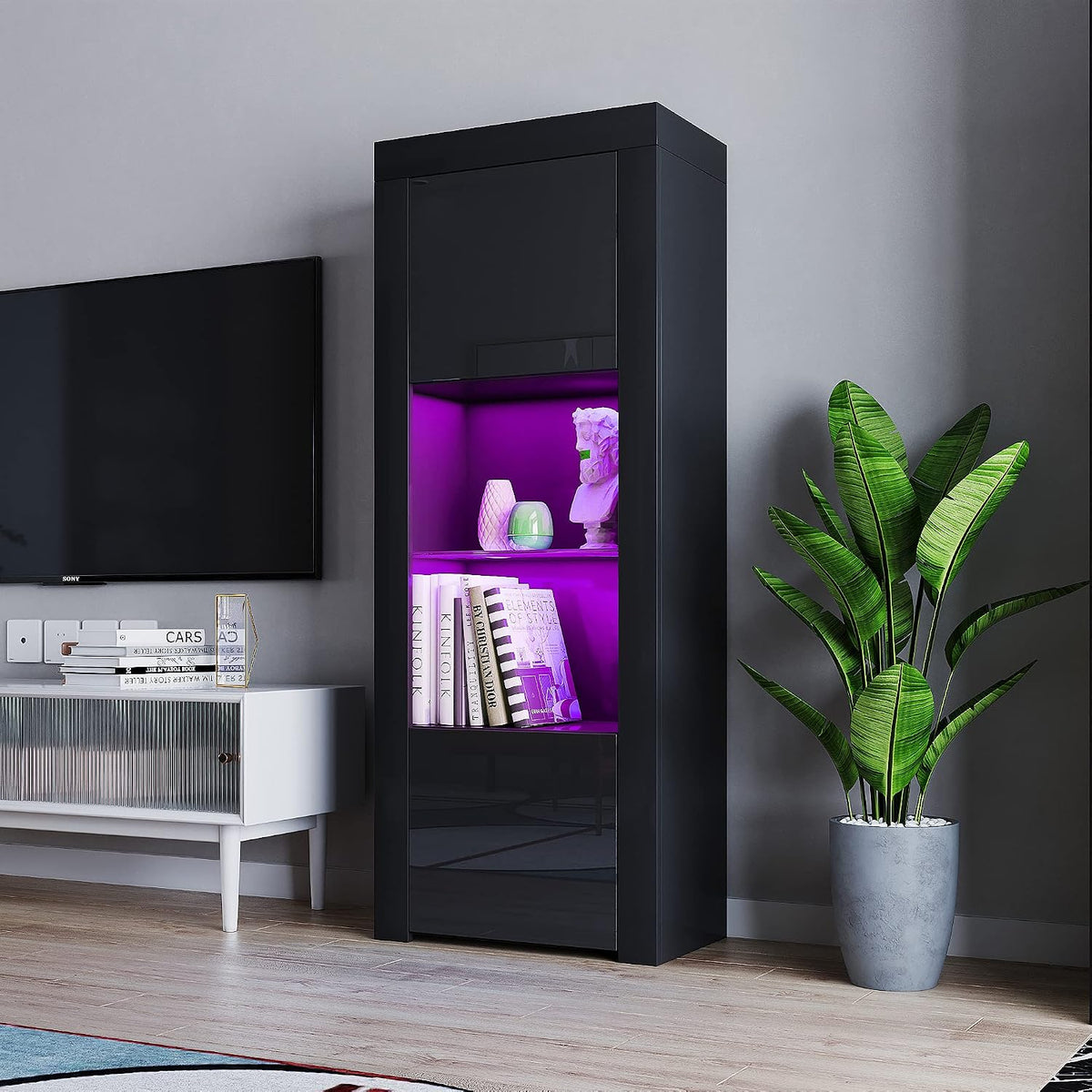 2 Door LED Tall Display Sideboards Matt Body & High Gloss Fronts Storage Cabinet with Glass Shelf for Living Dining Room W 62 X D 35 X H 160Cm (All Black)