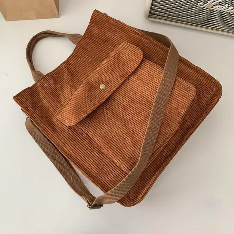 Corduroy Shoulder Bag Women Vintage Shopping Bags Zipper Girls Student Bookbag Handbags Casual Tote with outside Pocket