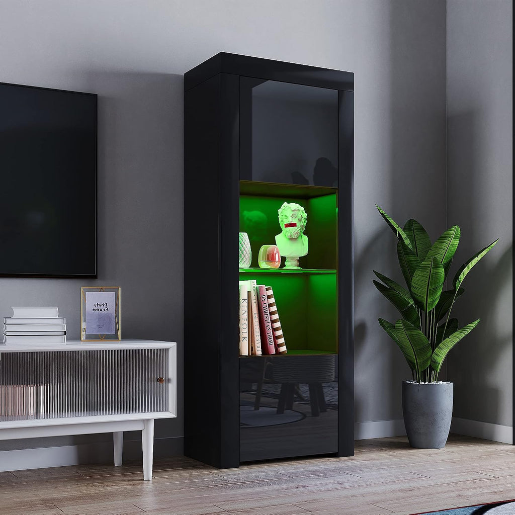 2 Door LED Tall Display Sideboards Matt Body & High Gloss Fronts Storage Cabinet with Glass Shelf for Living Dining Room W 62 X D 35 X H 160Cm (All Black)