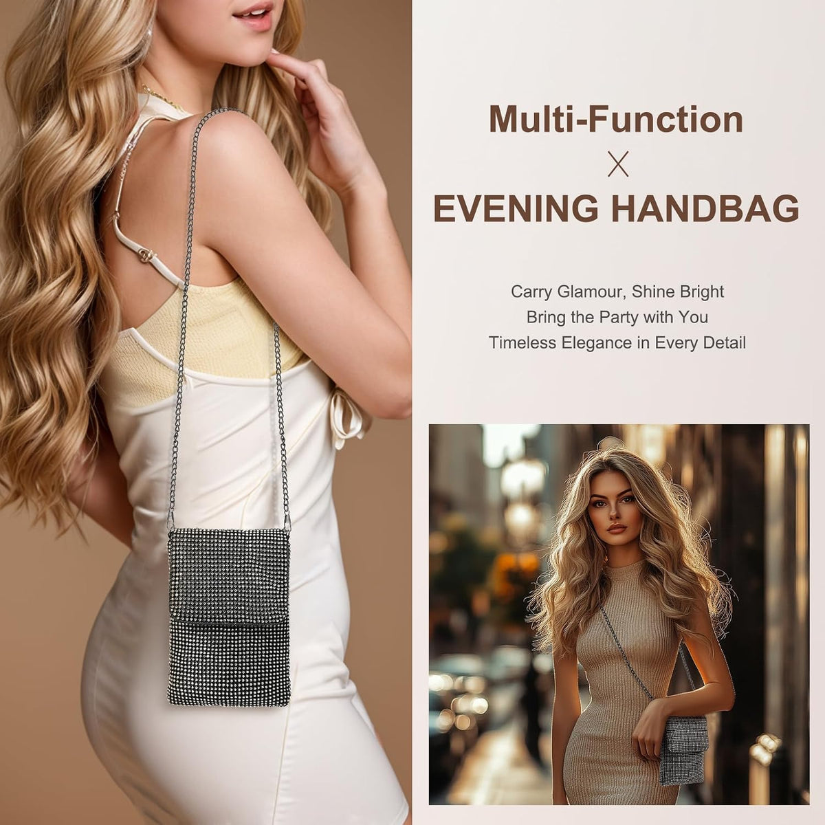 Evening Handbags Clutch Purses for Women, Crossbody Bag Crystal Rhinestone Purse Shoulder Bag Sparkly